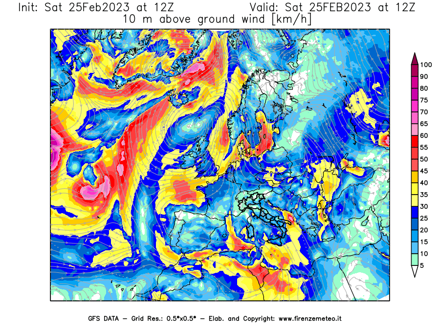 Mappa di analisi GFS - Velocità del vento a 10 metri dal suolo [km/h] in Europa
							del 25/02/2023 12 <!--googleoff: index-->UTC<!--googleon: index-->