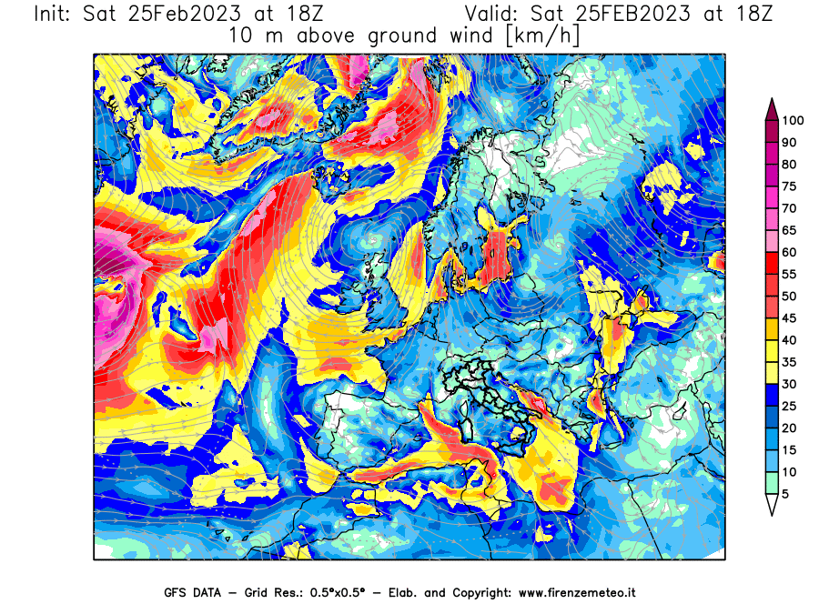 Mappa di analisi GFS - Velocità del vento a 10 metri dal suolo [km/h] in Europa
							del 25/02/2023 18 <!--googleoff: index-->UTC<!--googleon: index-->