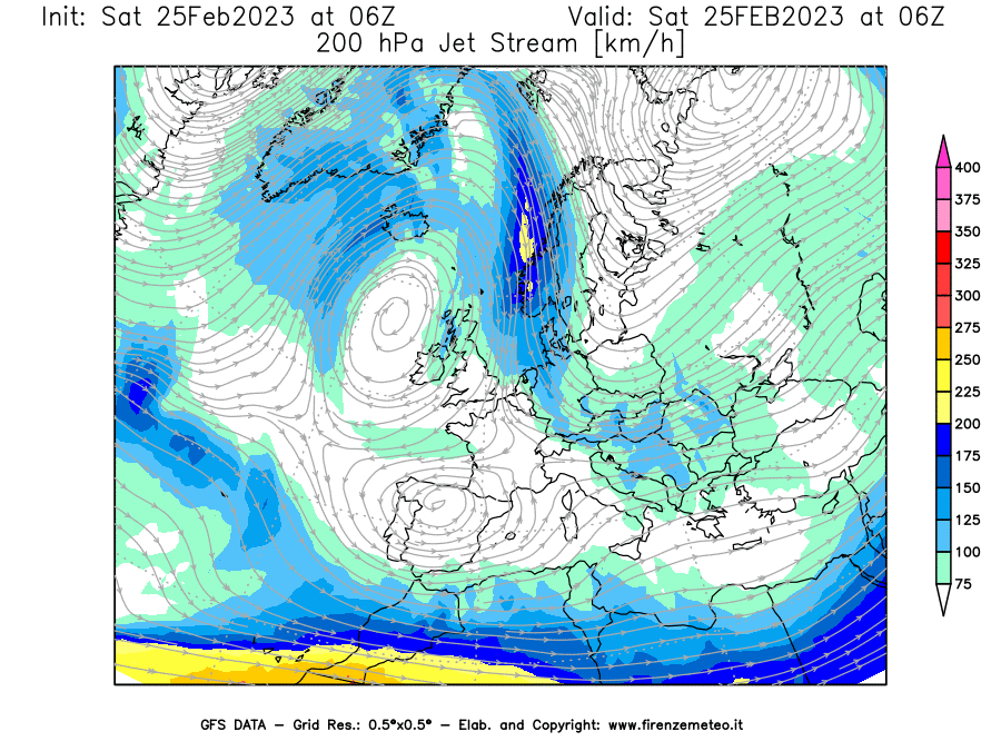 Mappa di analisi GFS - Jet Stream a 200 hPa in Europa
							del 25/02/2023 06 <!--googleoff: index-->UTC<!--googleon: index-->