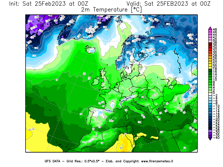 Mappa di analisi GFS - Temperatura a 2 metri dal suolo [°C] in Europa
							del 25/02/2023 00 <!--googleoff: index-->UTC<!--googleon: index-->