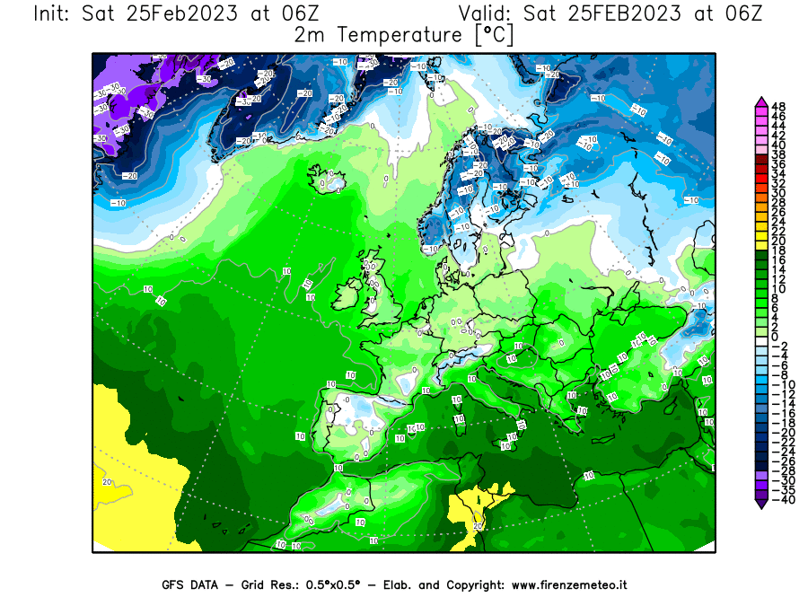 Mappa di analisi GFS - Temperatura a 2 metri dal suolo [°C] in Europa
							del 25/02/2023 06 <!--googleoff: index-->UTC<!--googleon: index-->