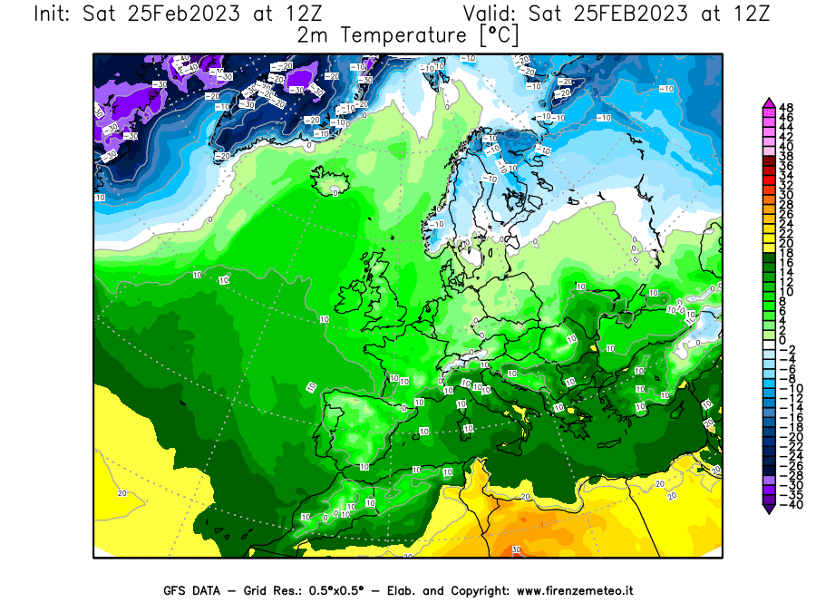 Mappa di analisi GFS - Temperatura a 2 metri dal suolo [°C] in Europa
							del 25/02/2023 12 <!--googleoff: index-->UTC<!--googleon: index-->