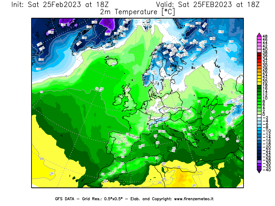 Mappa di analisi GFS - Temperatura a 2 metri dal suolo [°C] in Europa
							del 25/02/2023 18 <!--googleoff: index-->UTC<!--googleon: index-->