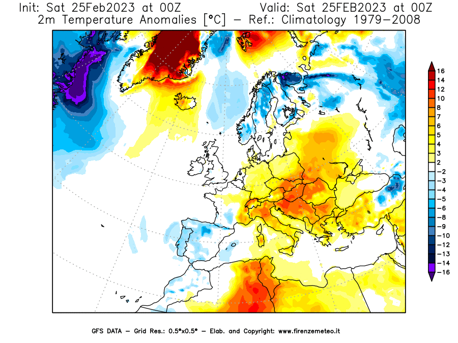 Mappa di analisi GFS - Anomalia Temperatura [°C] a 2 m in Europa
							del 25/02/2023 00 <!--googleoff: index-->UTC<!--googleon: index-->