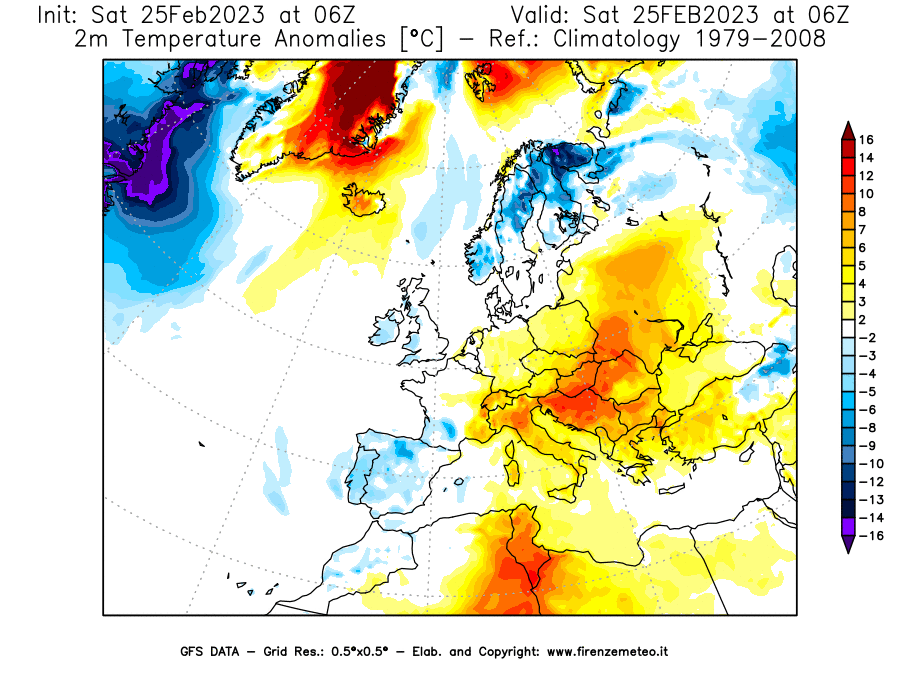 Mappa di analisi GFS - Anomalia Temperatura [°C] a 2 m in Europa
							del 25/02/2023 06 <!--googleoff: index-->UTC<!--googleon: index-->