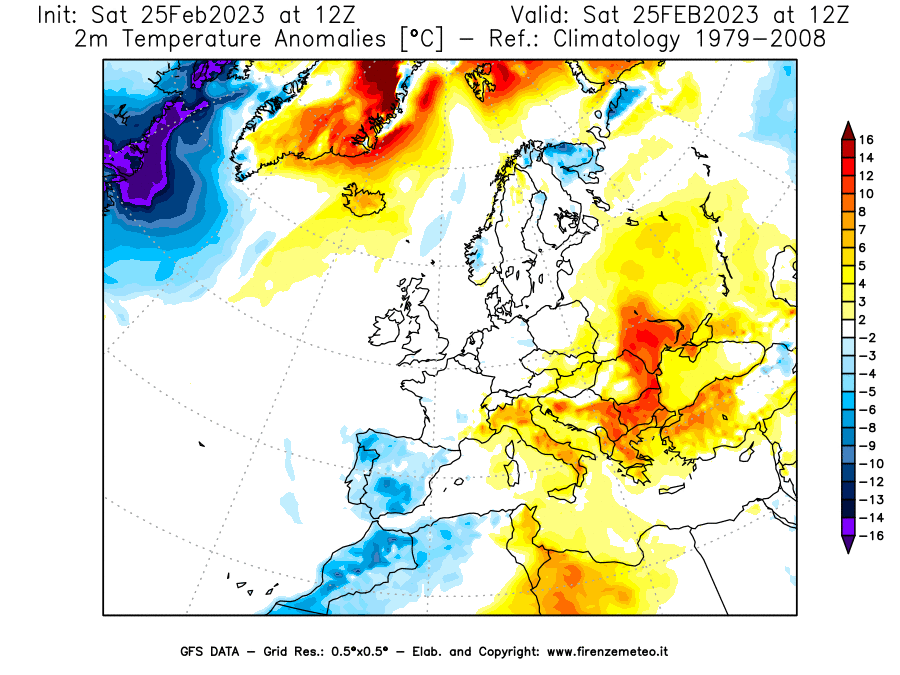 Mappa di analisi GFS - Anomalia Temperatura [°C] a 2 m in Europa
							del 25/02/2023 12 <!--googleoff: index-->UTC<!--googleon: index-->