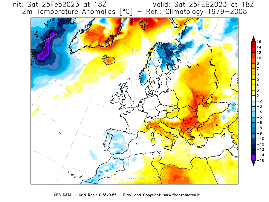 Mappa di analisi GFS - Anomalia Temperatura [°C] a 2 m in Europa
							del 25/02/2023 18 <!--googleoff: index-->UTC<!--googleon: index-->