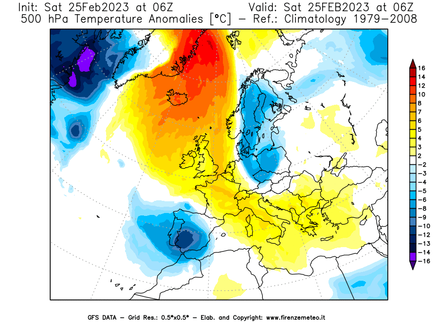 Mappa di analisi GFS - Anomalia Temperatura [°C] a 500 hPa in Europa
							del 25/02/2023 06 <!--googleoff: index-->UTC<!--googleon: index-->