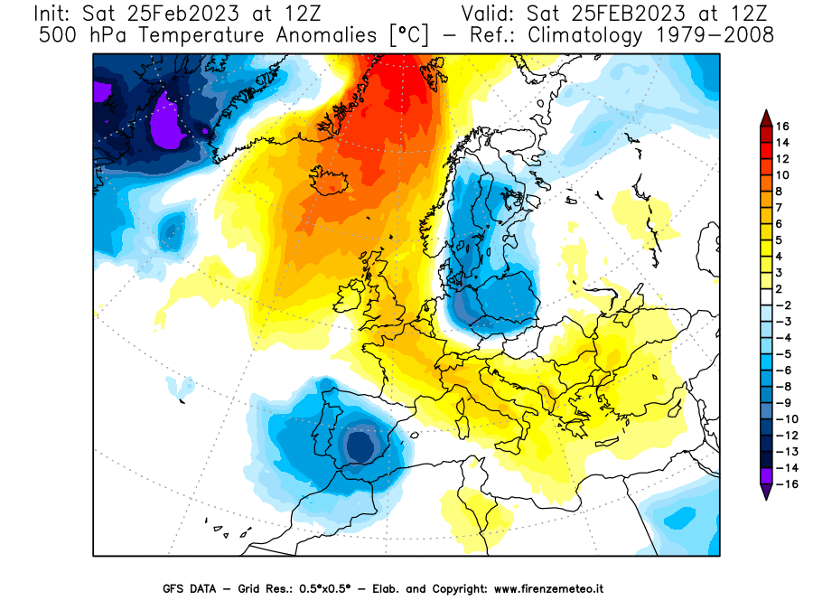 Mappa di analisi GFS - Anomalia Temperatura [°C] a 500 hPa in Europa
							del 25/02/2023 12 <!--googleoff: index-->UTC<!--googleon: index-->