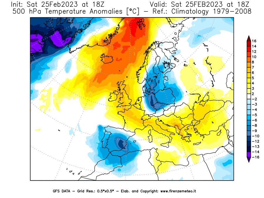 Mappa di analisi GFS - Anomalia Temperatura [°C] a 500 hPa in Europa
							del 25/02/2023 18 <!--googleoff: index-->UTC<!--googleon: index-->