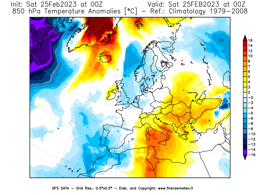 Mappa di analisi GFS - Anomalia Temperatura [°C] a 850 hPa in Europa
							del 25/02/2023 00 <!--googleoff: index-->UTC<!--googleon: index-->