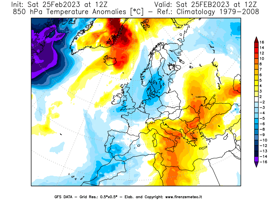 Mappa di analisi GFS - Anomalia Temperatura [°C] a 850 hPa in Europa
							del 25/02/2023 12 <!--googleoff: index-->UTC<!--googleon: index-->