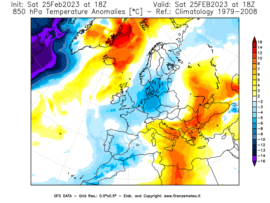 Mappa di analisi GFS - Anomalia Temperatura [°C] a 850 hPa in Europa
							del 25/02/2023 18 <!--googleoff: index-->UTC<!--googleon: index-->