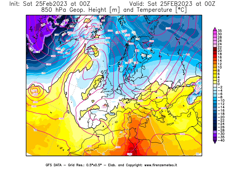 Mappa di analisi GFS - Geopotenziale [m] e Temperatura [°C] a 850 hPa in Europa
							del 25/02/2023 00 <!--googleoff: index-->UTC<!--googleon: index-->