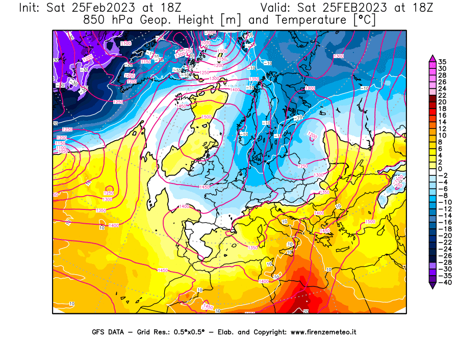Mappa di analisi GFS - Geopotenziale [m] e Temperatura [°C] a 850 hPa in Europa
							del 25/02/2023 18 <!--googleoff: index-->UTC<!--googleon: index-->