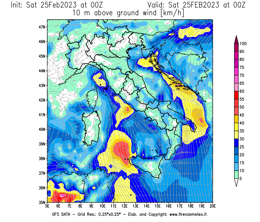 Mappa di analisi GFS - Velocità del vento a 10 metri dal suolo [km/h] in Italia
							del 25/02/2023 00 <!--googleoff: index-->UTC<!--googleon: index-->