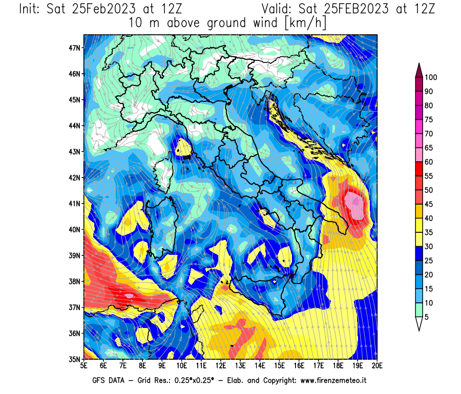 Mappa di analisi GFS - Velocità del vento a 10 metri dal suolo [km/h] in Italia
							del 25/02/2023 12 <!--googleoff: index-->UTC<!--googleon: index-->