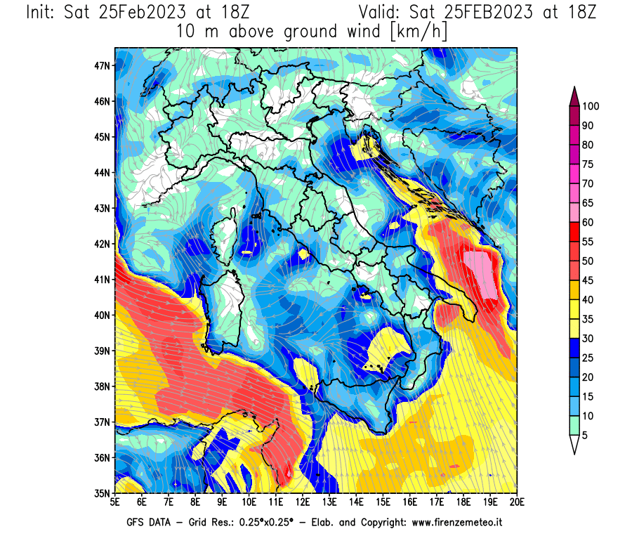 Mappa di analisi GFS - Velocità del vento a 10 metri dal suolo [km/h] in Italia
							del 25/02/2023 18 <!--googleoff: index-->UTC<!--googleon: index-->