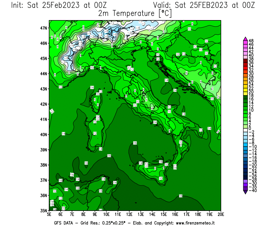 Mappa di analisi GFS - Temperatura a 2 metri dal suolo [°C] in Italia
							del 25/02/2023 00 <!--googleoff: index-->UTC<!--googleon: index-->