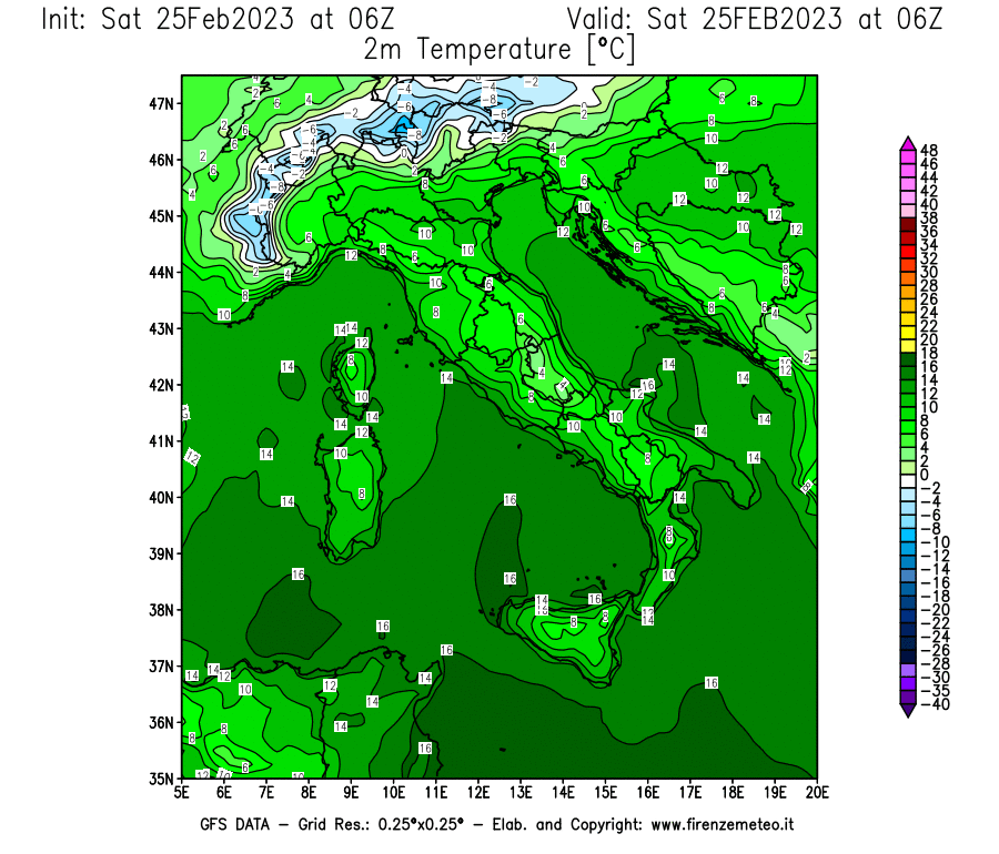 Mappa di analisi GFS - Temperatura a 2 metri dal suolo [°C] in Italia
							del 25/02/2023 06 <!--googleoff: index-->UTC<!--googleon: index-->