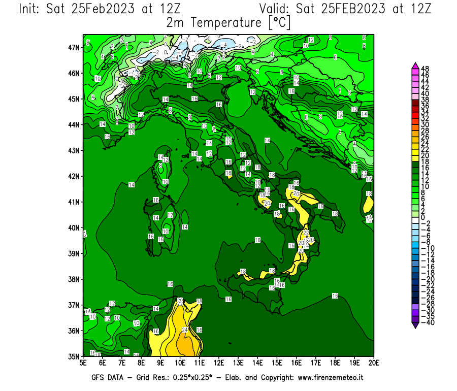 Mappa di analisi GFS - Temperatura a 2 metri dal suolo [°C] in Italia
							del 25/02/2023 12 <!--googleoff: index-->UTC<!--googleon: index-->