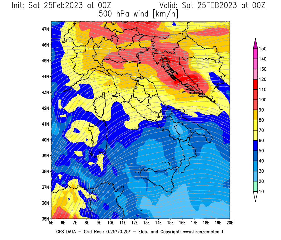 Mappa di analisi GFS - Velocità del vento a 500 hPa [km/h] in Italia
							del 25/02/2023 00 <!--googleoff: index-->UTC<!--googleon: index-->