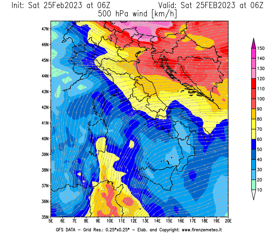 Mappa di analisi GFS - Velocità del vento a 500 hPa [km/h] in Italia
							del 25/02/2023 06 <!--googleoff: index-->UTC<!--googleon: index-->