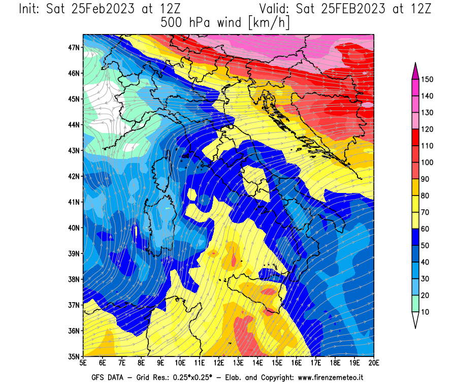 Mappa di analisi GFS - Velocità del vento a 500 hPa [km/h] in Italia
							del 25/02/2023 12 <!--googleoff: index-->UTC<!--googleon: index-->