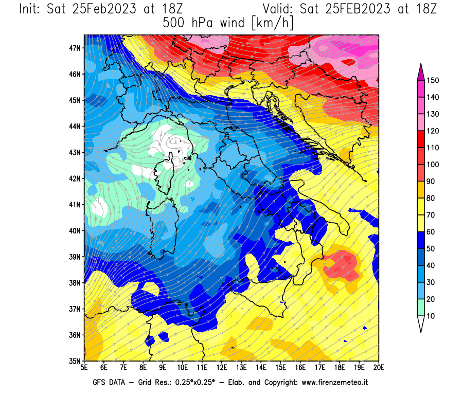 Mappa di analisi GFS - Velocità del vento a 500 hPa [km/h] in Italia
							del 25/02/2023 18 <!--googleoff: index-->UTC<!--googleon: index-->