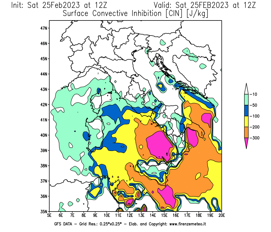 Mappa di analisi GFS - CIN [J/kg] in Italia
							del 25/02/2023 12 <!--googleoff: index-->UTC<!--googleon: index-->