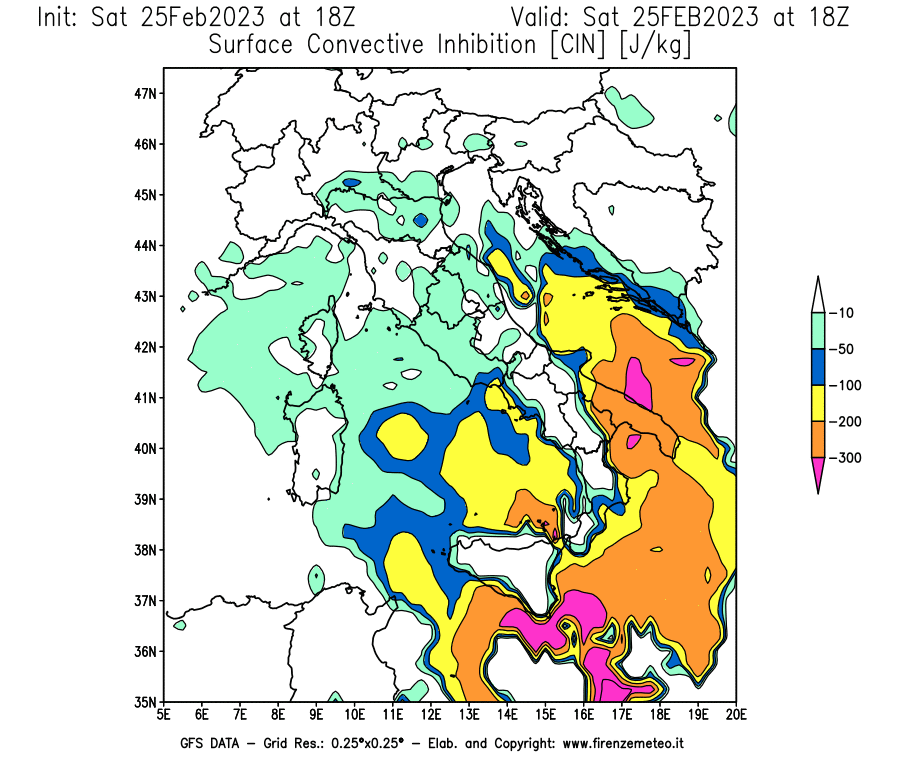 Mappa di analisi GFS - CIN [J/kg] in Italia
							del 25/02/2023 18 <!--googleoff: index-->UTC<!--googleon: index-->