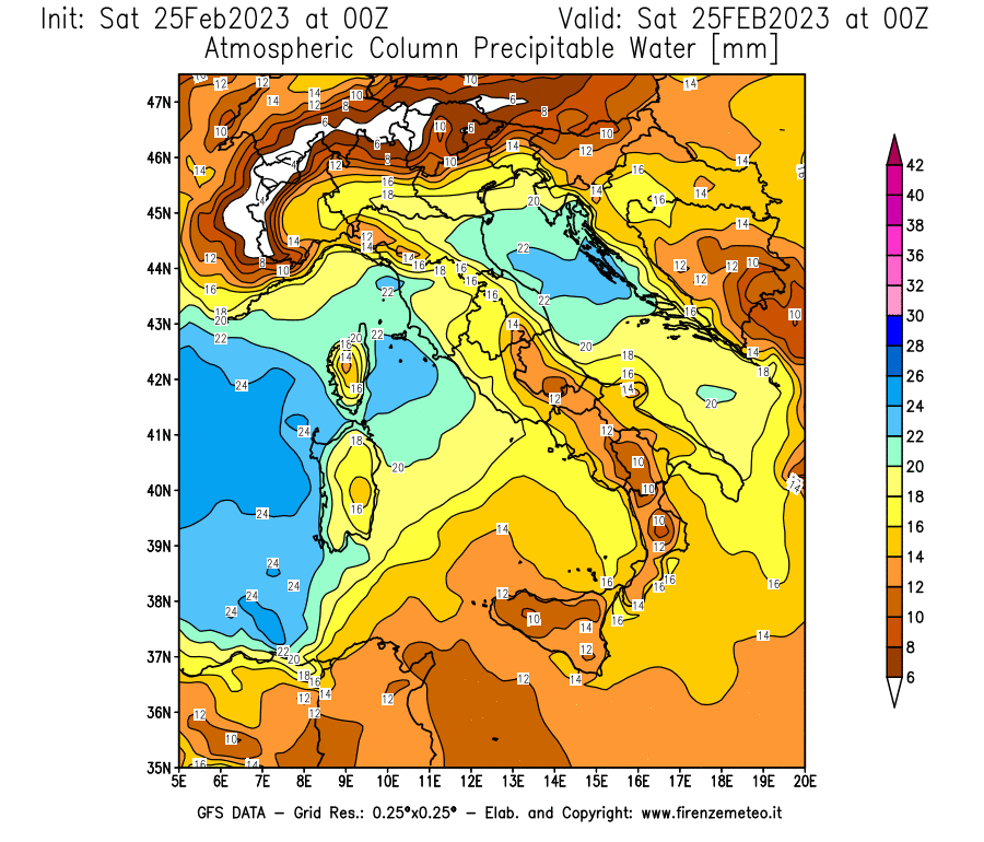 Mappa di analisi GFS - Precipitable Water [mm] in Italia
							del 25/02/2023 00 <!--googleoff: index-->UTC<!--googleon: index-->