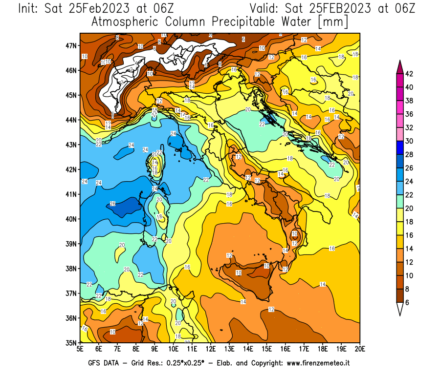 Mappa di analisi GFS - Precipitable Water [mm] in Italia
							del 25/02/2023 06 <!--googleoff: index-->UTC<!--googleon: index-->