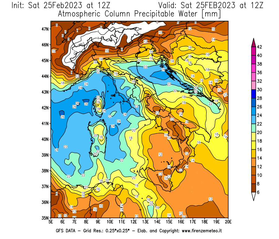 Mappa di analisi GFS - Precipitable Water [mm] in Italia
							del 25/02/2023 12 <!--googleoff: index-->UTC<!--googleon: index-->