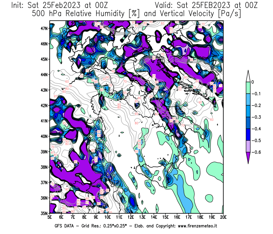 Mappa di analisi GFS - Umidità relativa [%] e Omega [Pa/s] a 500 hPa in Italia
							del 25/02/2023 00 <!--googleoff: index-->UTC<!--googleon: index-->