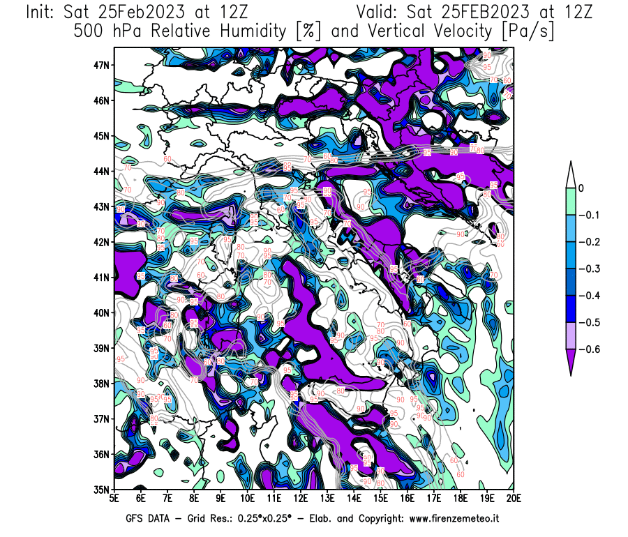 Mappa di analisi GFS - Umidità relativa [%] e Omega [Pa/s] a 500 hPa in Italia
							del 25/02/2023 12 <!--googleoff: index-->UTC<!--googleon: index-->