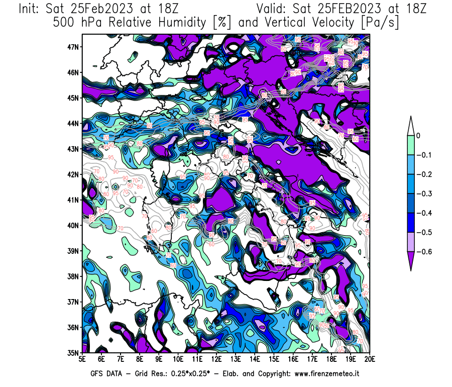 Mappa di analisi GFS - Umidità relativa [%] e Omega [Pa/s] a 500 hPa in Italia
							del 25/02/2023 18 <!--googleoff: index-->UTC<!--googleon: index-->