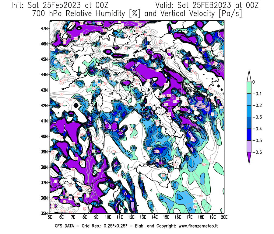 Mappa di analisi GFS - Umidità relativa [%] e Omega [Pa/s] a 700 hPa in Italia
							del 25/02/2023 00 <!--googleoff: index-->UTC<!--googleon: index-->