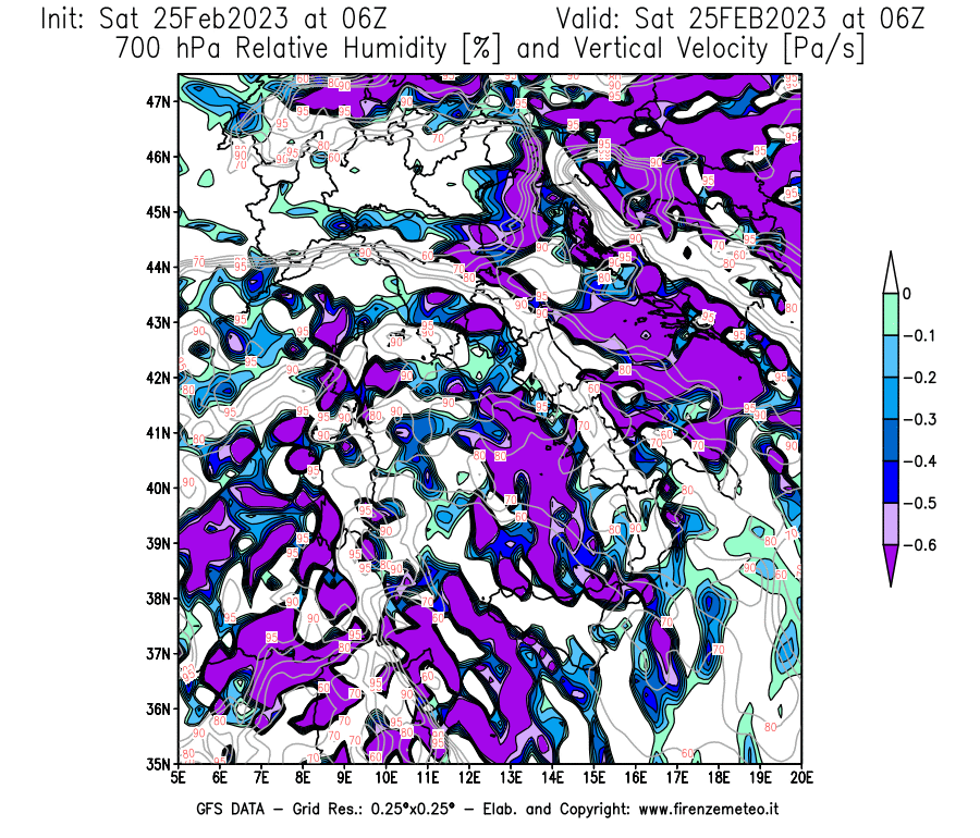 Mappa di analisi GFS - Umidità relativa [%] e Omega [Pa/s] a 700 hPa in Italia
							del 25/02/2023 06 <!--googleoff: index-->UTC<!--googleon: index-->