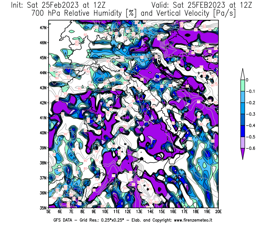 Mappa di analisi GFS - Umidità relativa [%] e Omega [Pa/s] a 700 hPa in Italia
							del 25/02/2023 12 <!--googleoff: index-->UTC<!--googleon: index-->