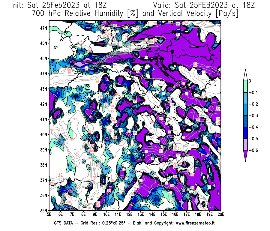 Mappa di analisi GFS - Umidità relativa [%] e Omega [Pa/s] a 700 hPa in Italia
							del 25/02/2023 18 <!--googleoff: index-->UTC<!--googleon: index-->