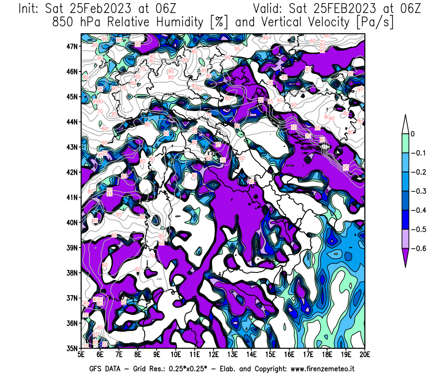 Mappa di analisi GFS - Umidità relativa [%] e Omega [Pa/s] a 850 hPa in Italia
							del 25/02/2023 06 <!--googleoff: index-->UTC<!--googleon: index-->