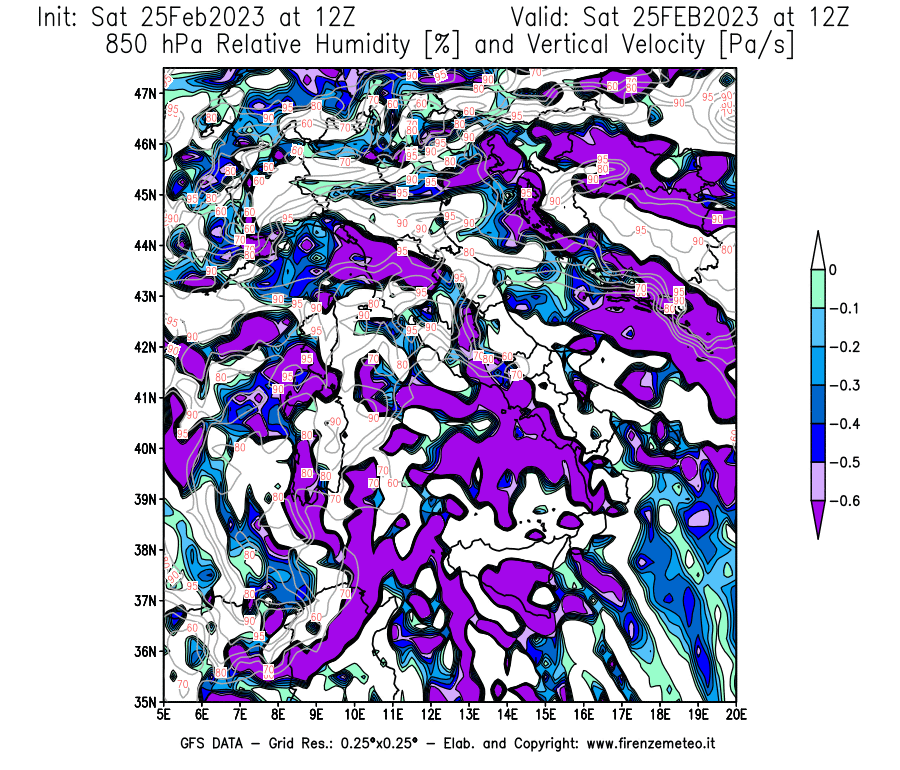 Mappa di analisi GFS - Umidità relativa [%] e Omega [Pa/s] a 850 hPa in Italia
							del 25/02/2023 12 <!--googleoff: index-->UTC<!--googleon: index-->