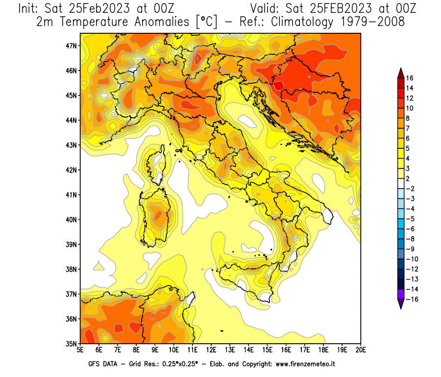Mappa di analisi GFS - Anomalia Temperatura [°C] a 2 m in Italia
							del 25/02/2023 00 <!--googleoff: index-->UTC<!--googleon: index-->