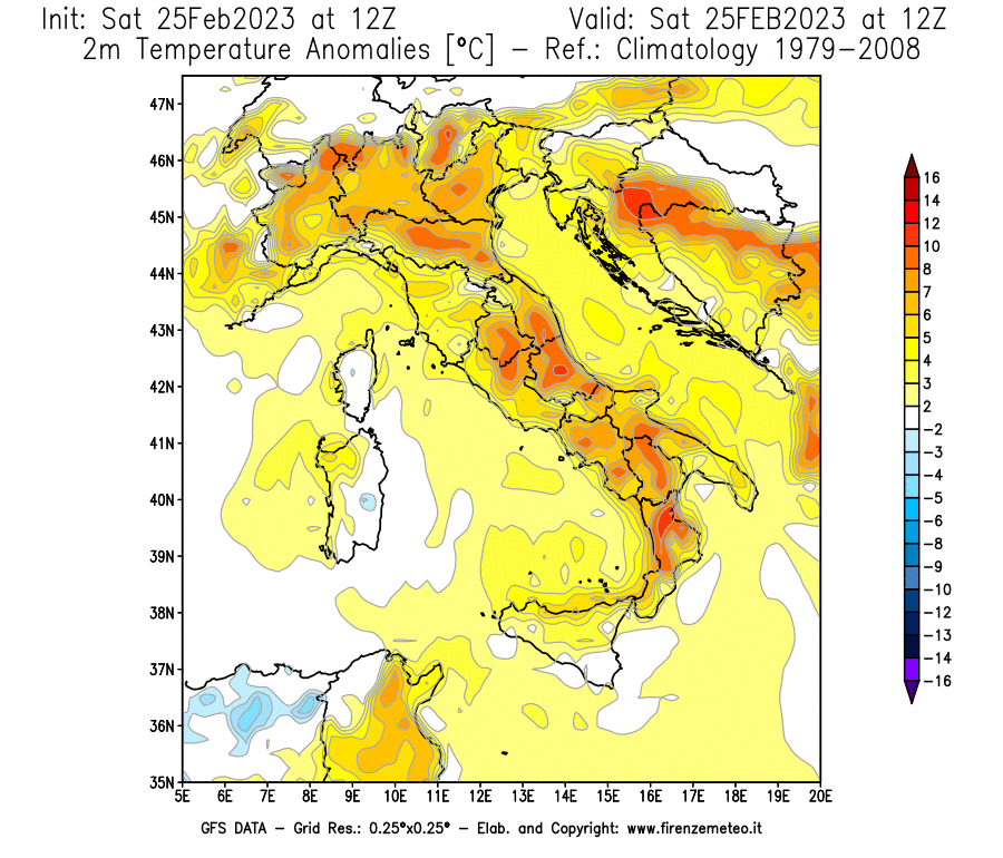 Mappa di analisi GFS - Anomalia Temperatura [°C] a 2 m in Italia
							del 25/02/2023 12 <!--googleoff: index-->UTC<!--googleon: index-->
