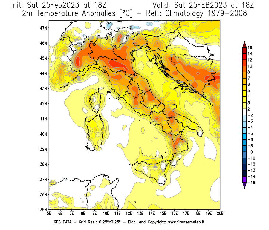 Mappa di analisi GFS - Anomalia Temperatura [°C] a 2 m in Italia
							del 25/02/2023 18 <!--googleoff: index-->UTC<!--googleon: index-->
