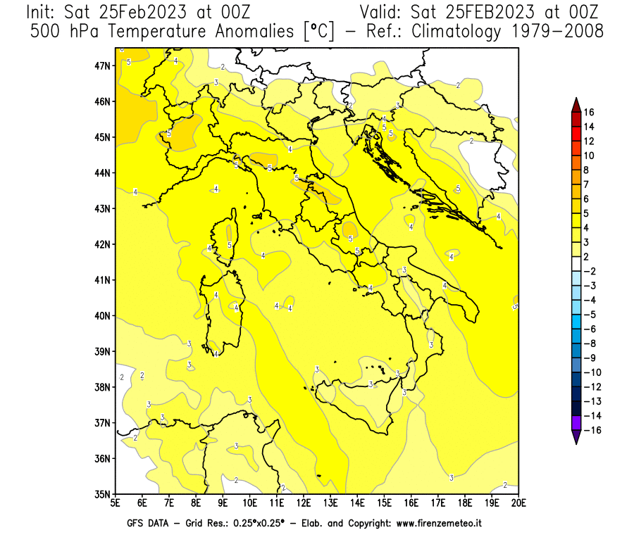 Mappa di analisi GFS - Anomalia Temperatura [°C] a 500 hPa in Italia
							del 25/02/2023 00 <!--googleoff: index-->UTC<!--googleon: index-->