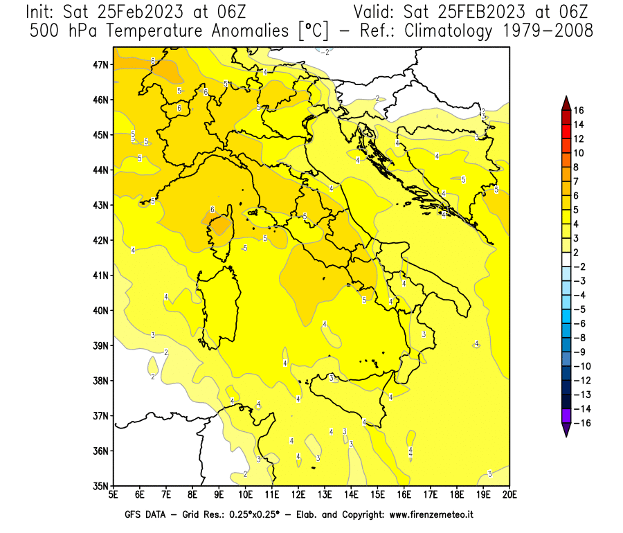 Mappa di analisi GFS - Anomalia Temperatura [°C] a 500 hPa in Italia
							del 25/02/2023 06 <!--googleoff: index-->UTC<!--googleon: index-->