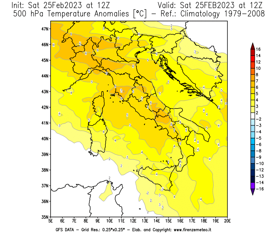 Mappa di analisi GFS - Anomalia Temperatura [°C] a 500 hPa in Italia
							del 25/02/2023 12 <!--googleoff: index-->UTC<!--googleon: index-->