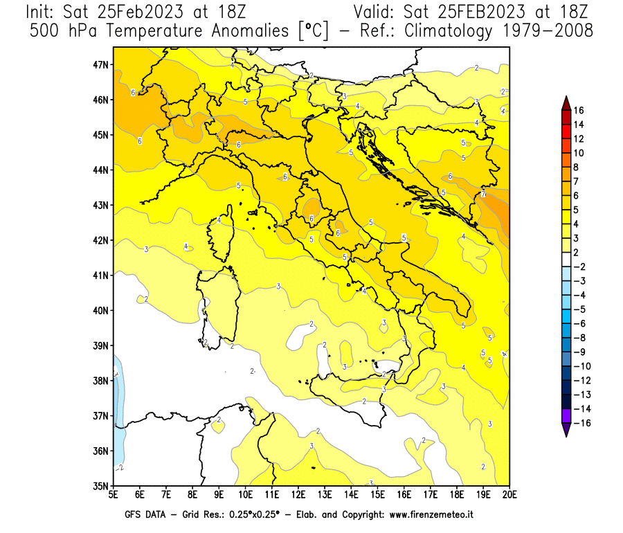 Mappa di analisi GFS - Anomalia Temperatura [°C] a 500 hPa in Italia
							del 25/02/2023 18 <!--googleoff: index-->UTC<!--googleon: index-->